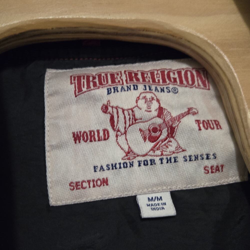 True Religion Bomber Snap Button Varsity Jacket Black Red Size Medium EUC - Picture 6 of 11